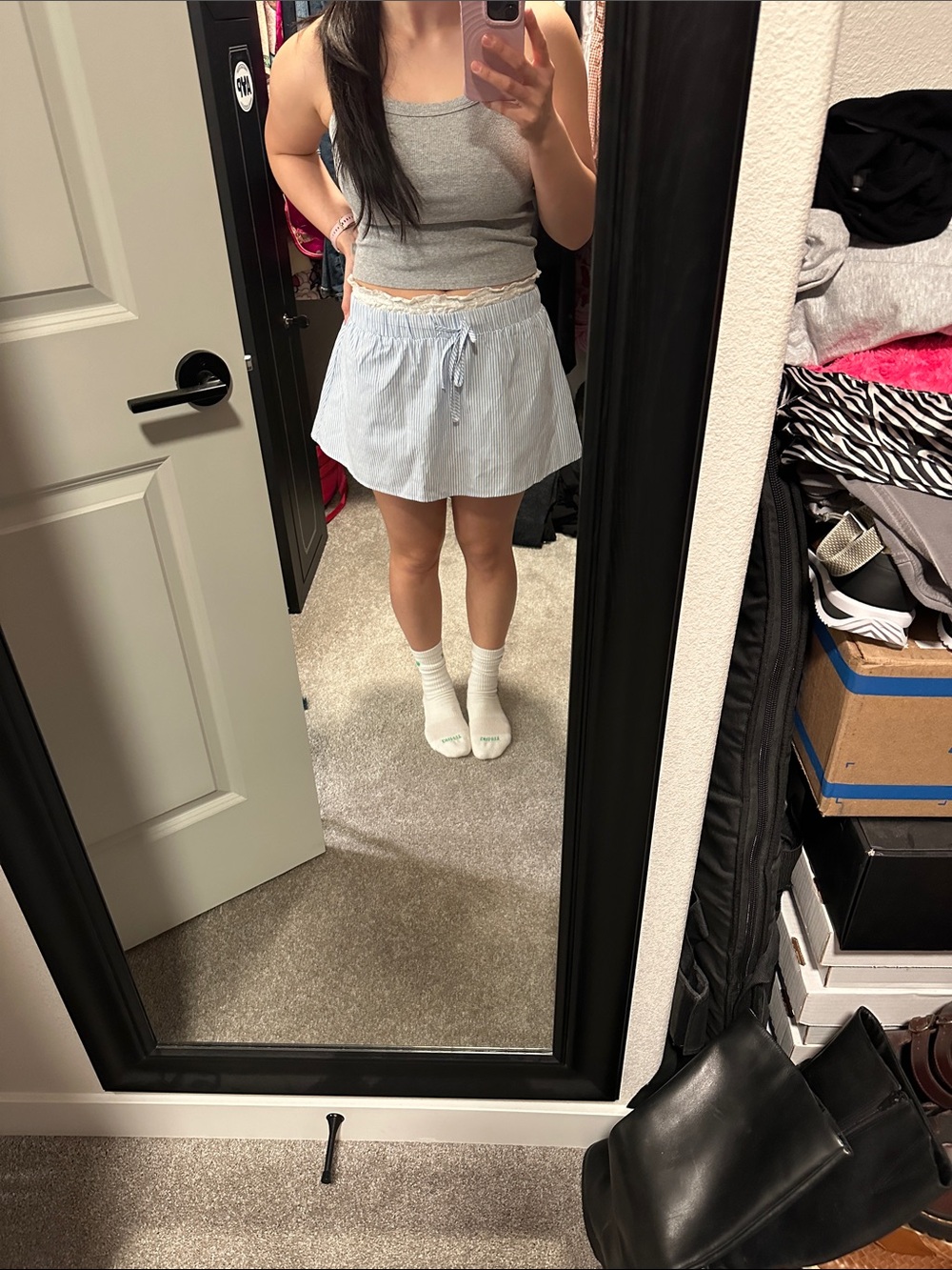 Le Lis Blue and White Striped High-Low Mini Skirt with Lace Waist